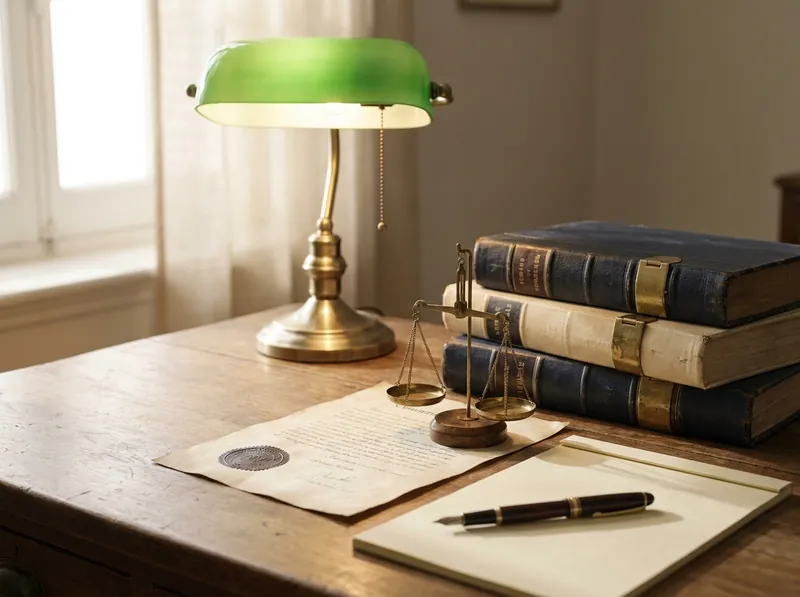 Escritorio de despacho legal: lámpara de banquero, libros de derecho, una balanza y un documento con sello notarial
